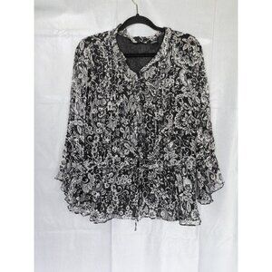 New York City Design‎ Co Woman Silk Floral Blouse 1X Button Down Peplum Fairy